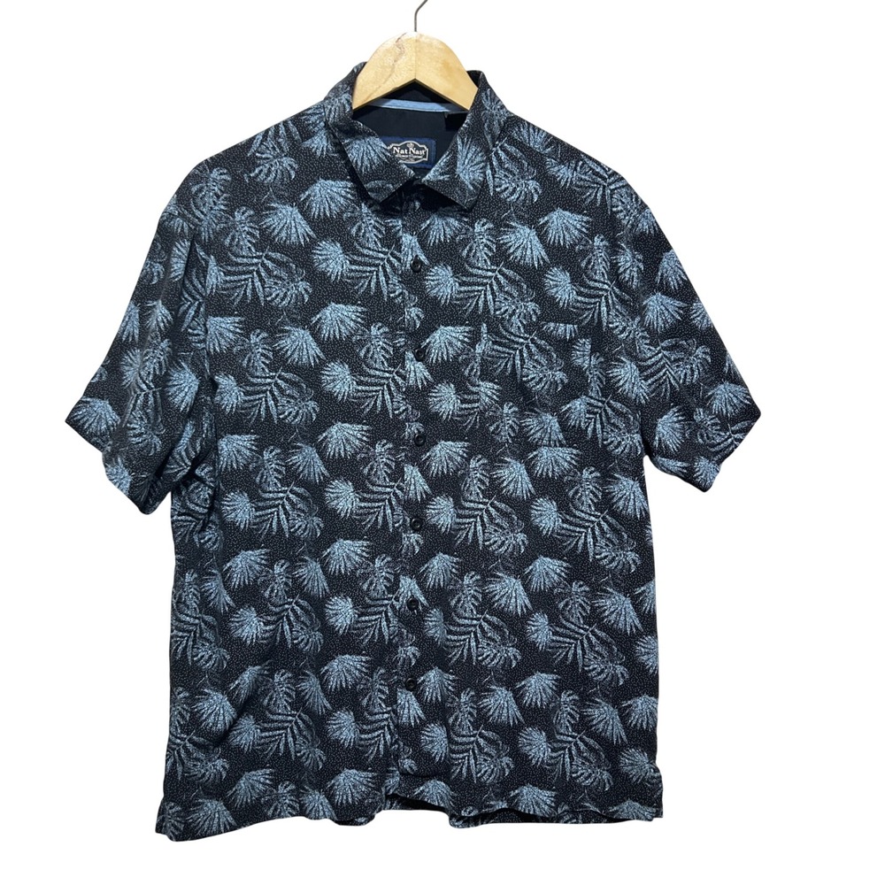 Nat Nast Men Tropical Aloha Button Up L Black Silk Cotton Palm Leaf Print Resort